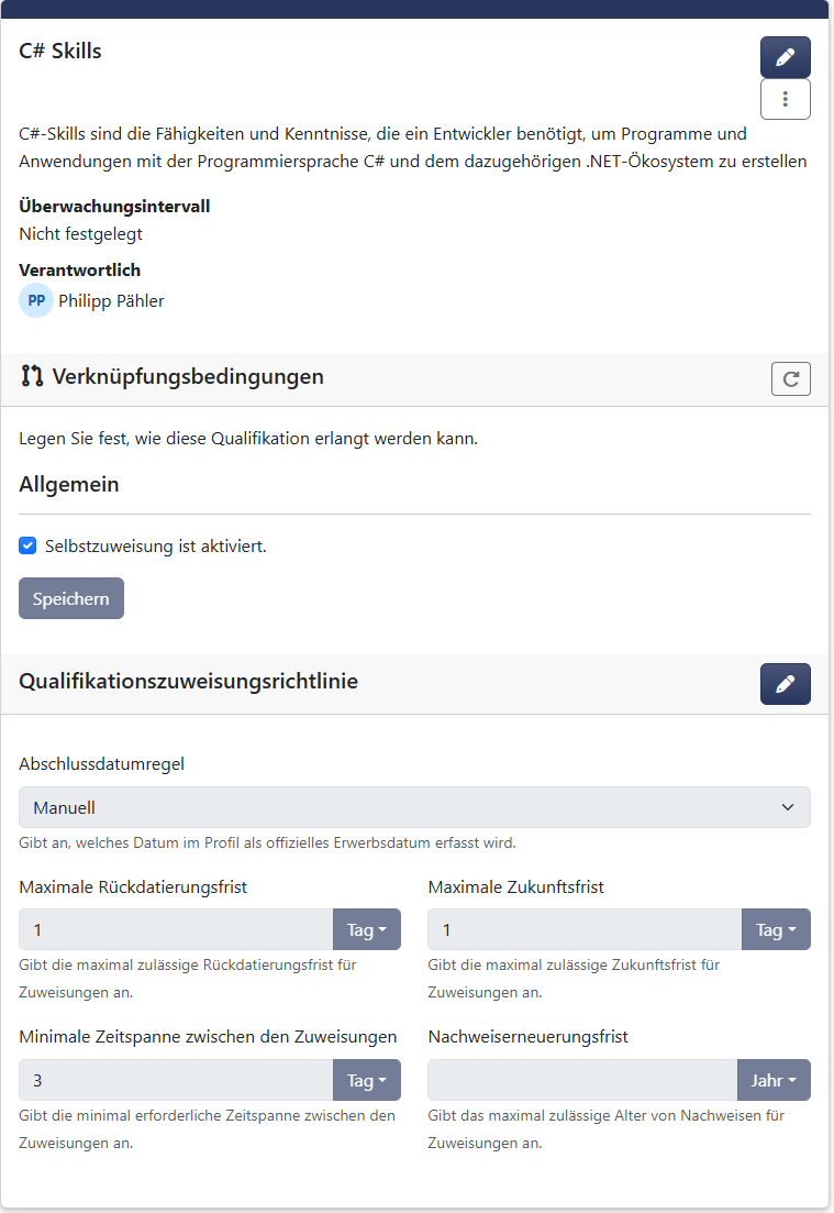 Selbstzuordnung von Qualifikationen in der Benutzeroberfläche