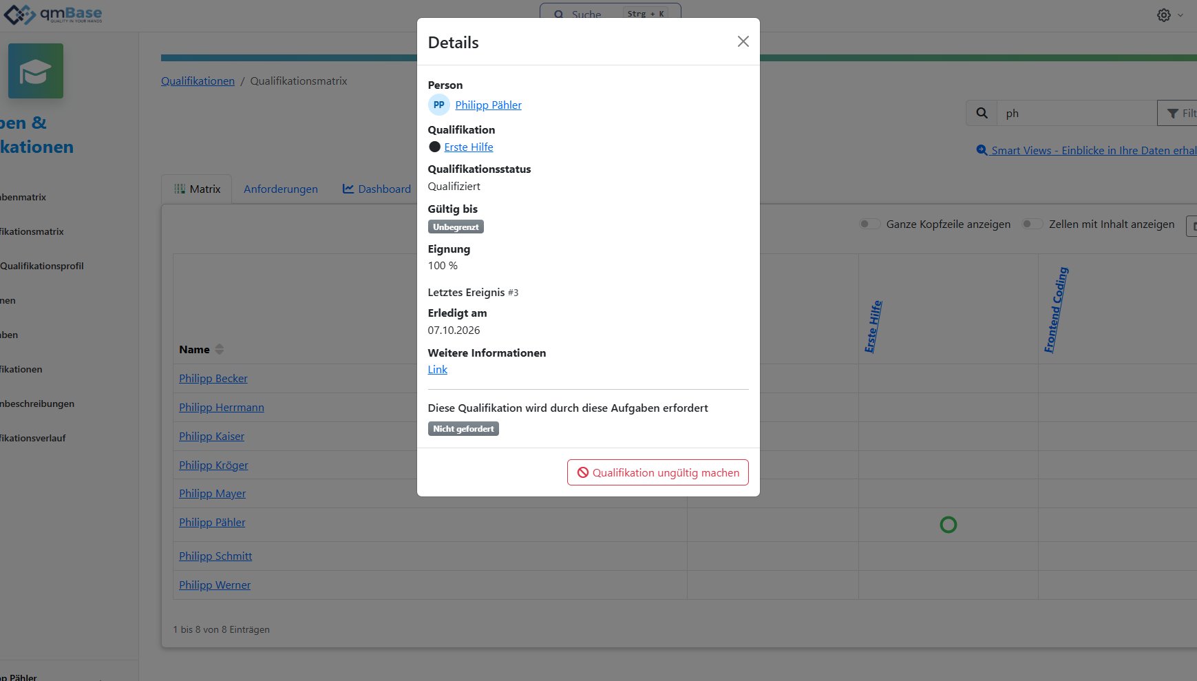 Screenshot: Person mit ausgewählter Qualifikation und Aktion Qualifikation entwerten
