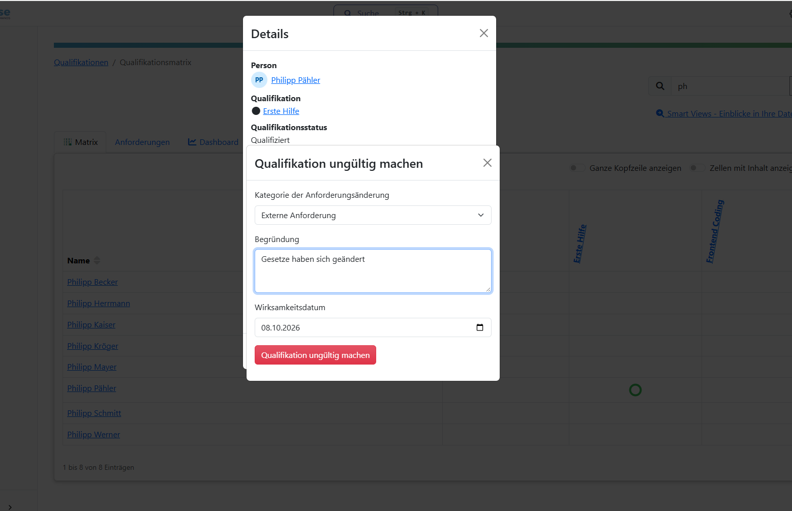 Screenshot: Dialog zur Entwertung mit Kategorie, Grund und Datum