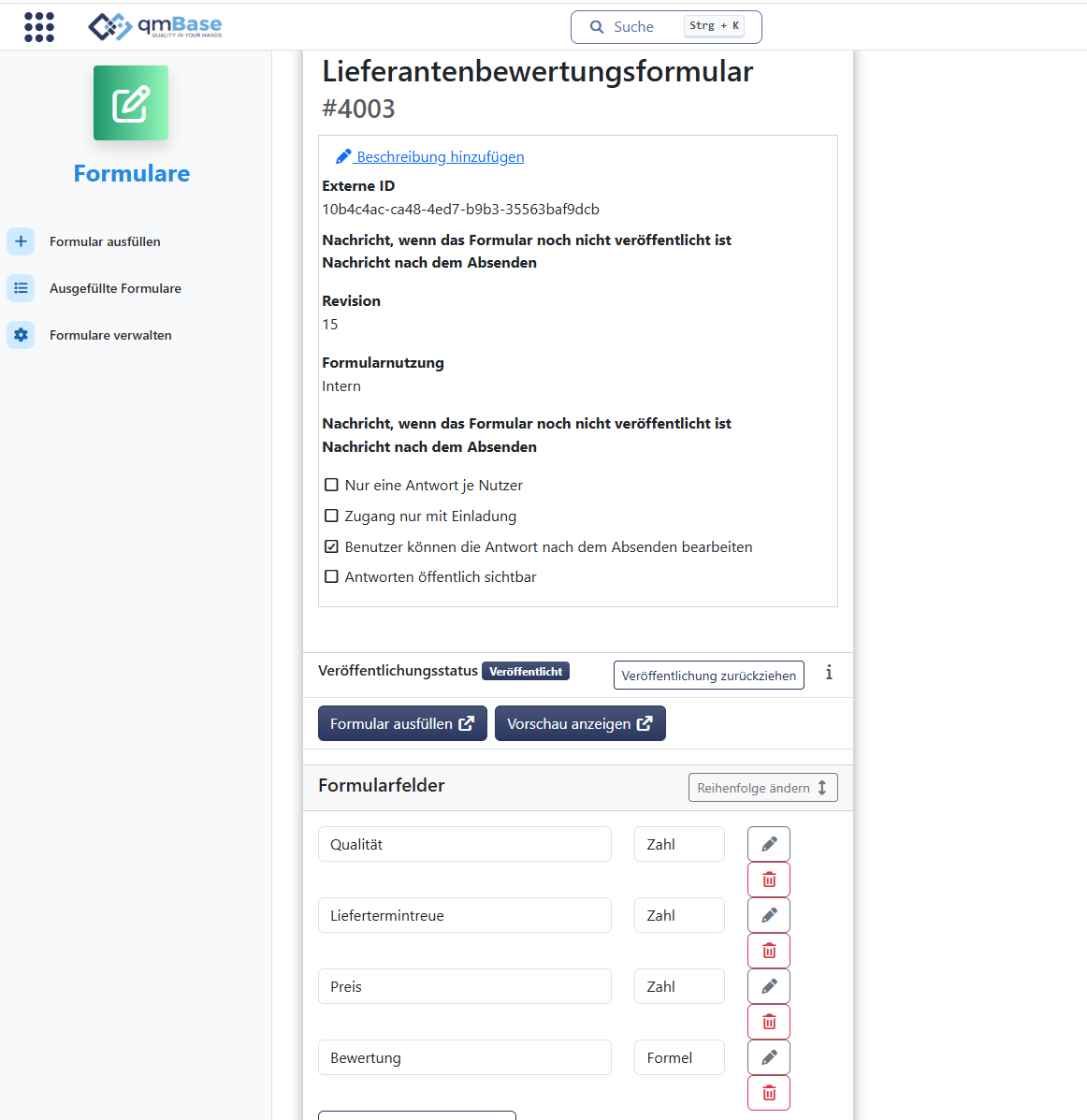 Konfiguration des Bewertungsformulars