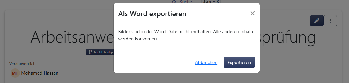 Bestätigungsdialog mit dem Hinweis, dass Bilder nicht in die Word-Datei übernommen werden