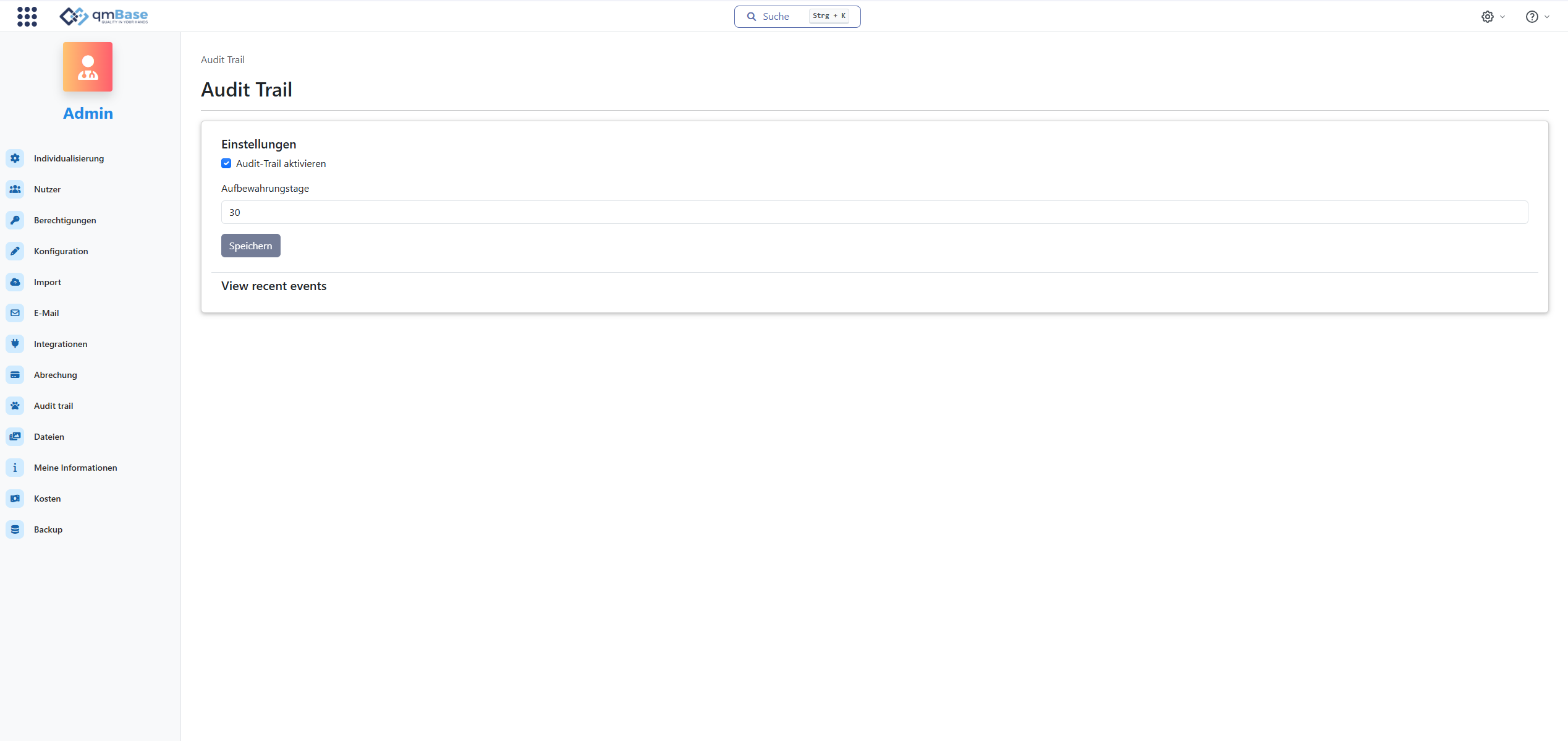 Einstellungen des Audit Trails im Admin-Bereich