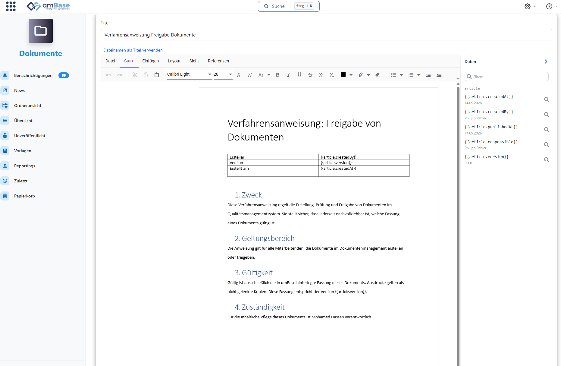 Bereich „Daten" im Word-Editor mit Platzhaltern, Werten und Anzahl der Verwendungen