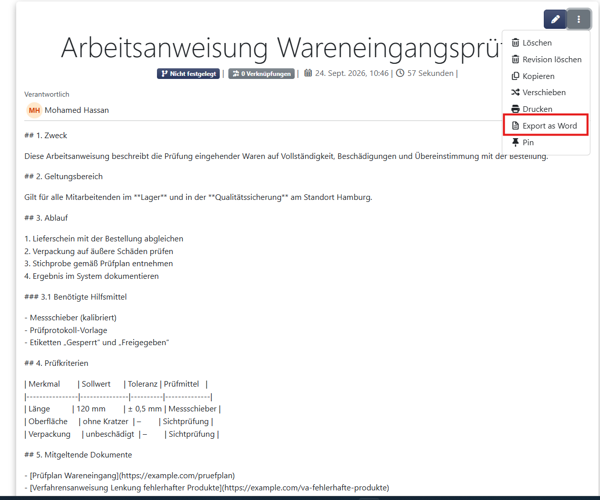 Eintrag „Als Word exportieren“ im Kontextmenü einer Version im Reiter „Erweiterte Details“